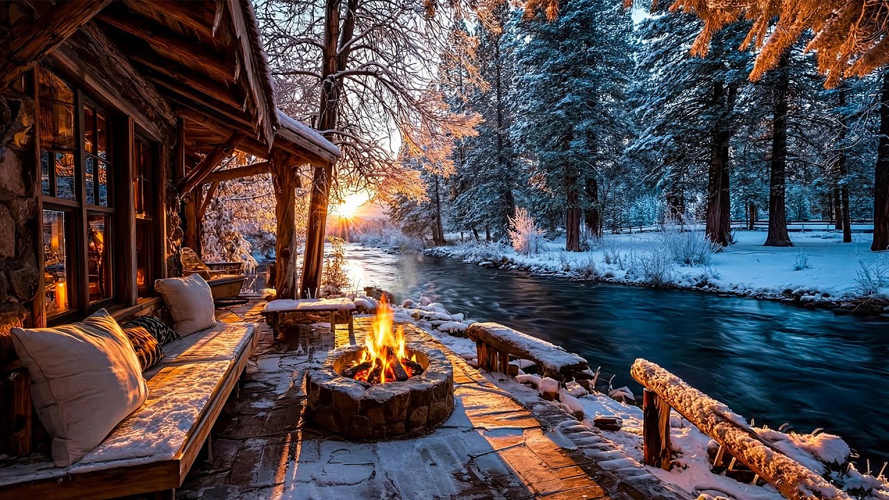 Winter Bliss: Campfire Glow by the Snowy River - A Cozy Sunset in the Tranquil Forest