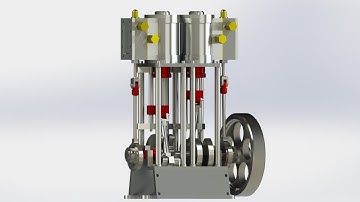 A SIMPLE 2  CYLINDER VERTICAL STEAM ENGINE WITH SLIDE VALVE #solidworks #letsmakeitcad #steamengines