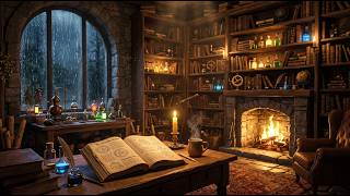 Old Wizard's Tower Library ASMR | Cozy Alchemy Laboratory, Spellbook Pages, Crackling Fire & Rain