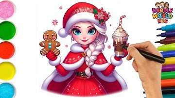 How to Draw Elsa Frozen in a Christmas Outfit | Easy Drawing, Painting & Coloring for Kids