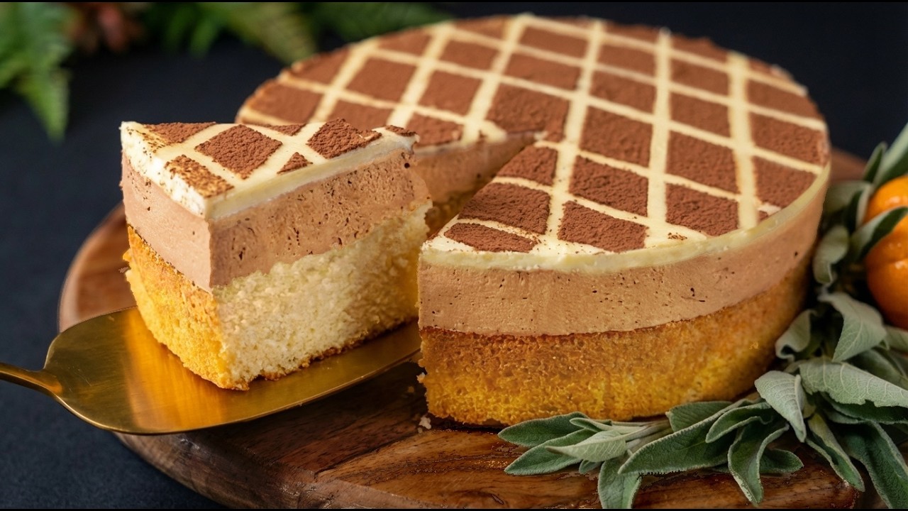 Milchbiskuitkuchen mit Karamellcreme und weißer Schokoladenganache. Saftig, zart und aromatisch.