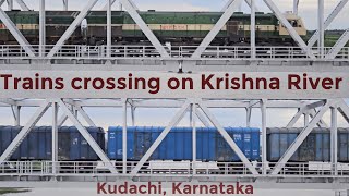 Two trains crossing on Krishna River Bridge at Kudachi | onboard Pandharpur - Yeshwantpur