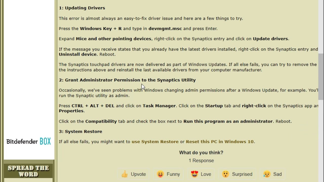 Update Unable to connect to Synaptics Pointing Device Driver