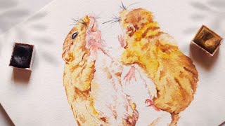 Painting fun and cute dancing harvest mice in watercolors | Intuitive Painting | Watercolor animals