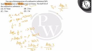 The rate of disintegration of a radioactive substance falls from 800 decay \( / \mathrm{min} \) ...