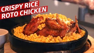 Whole Roasted Korean Chicken Sitting on Crispy Rice and Corn — K-Town