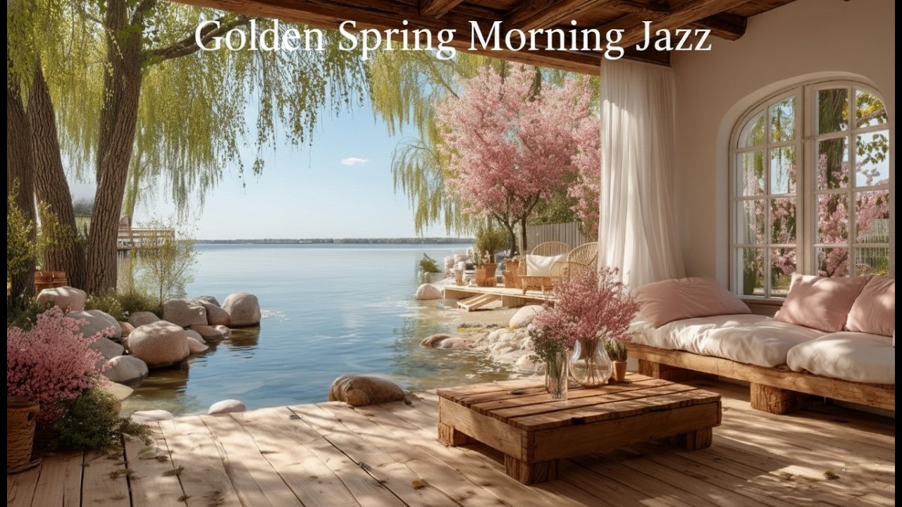 Джаз Золотого Весеннего Утра у Озера 🌸 Мягкое Фортепиано & Уютный Балкон | 4K