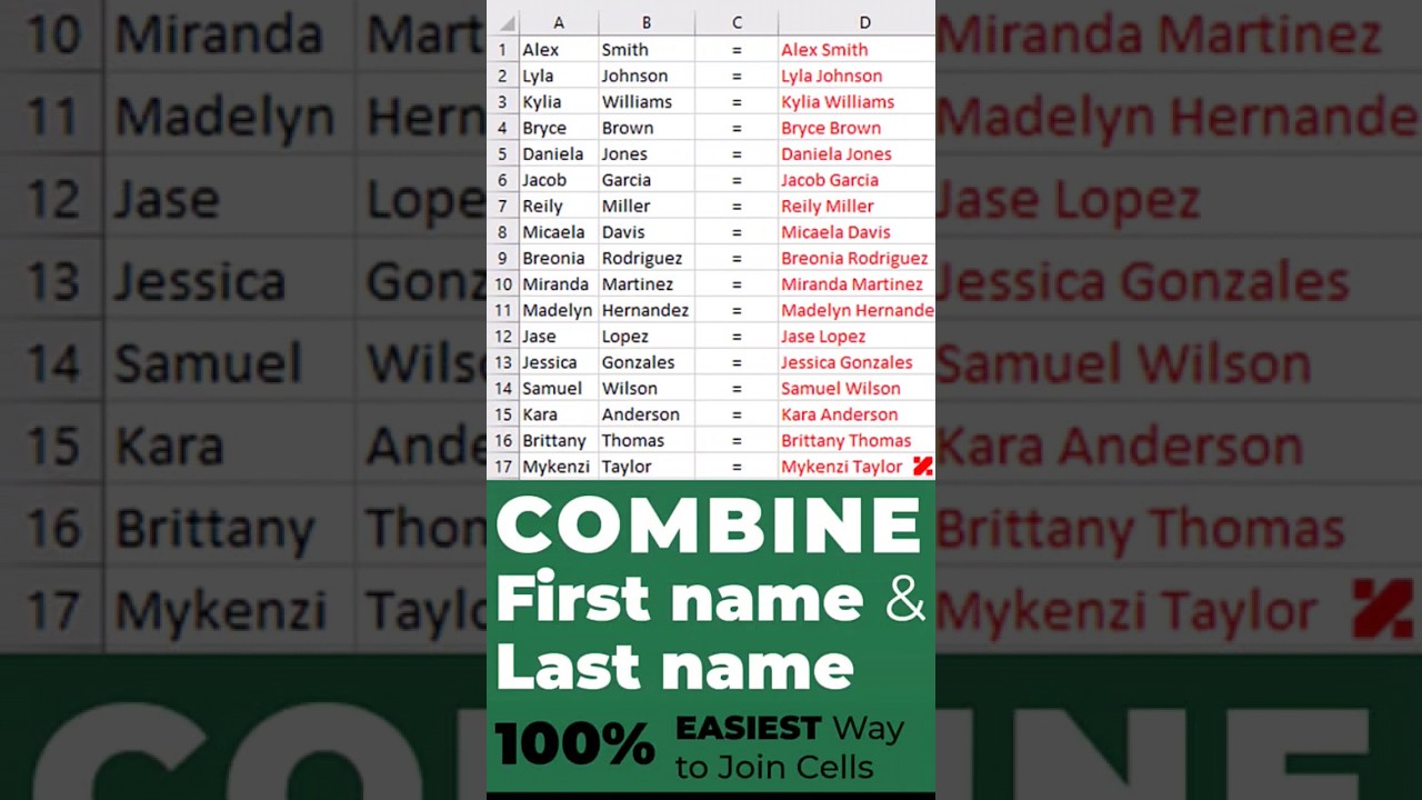 COMBINE First & Last Names in a Column | Excel Tutorials #ctrl_e #combine #concat #join_cell #merge