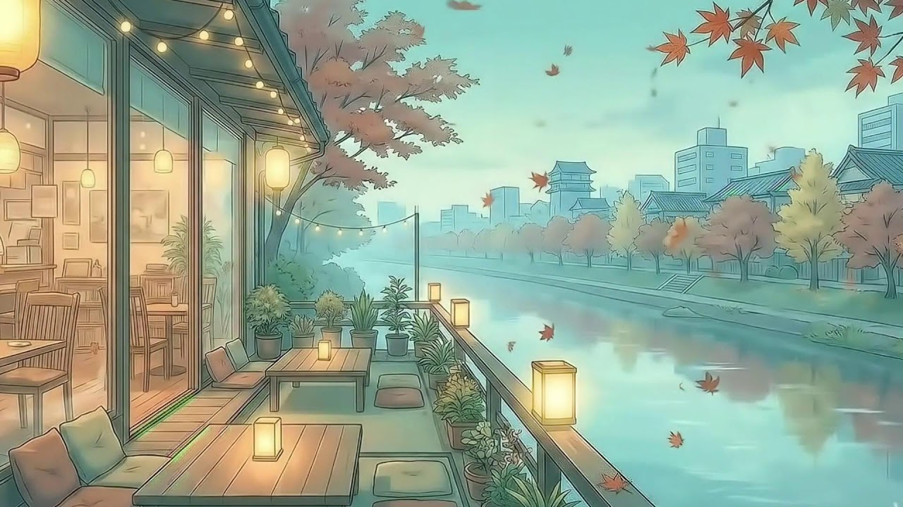 🍁 Cozy Autumn Lofi Jazz Ambience ☕ Ghibli Anime Art | Japanese Riverside Cafe 4K Relax