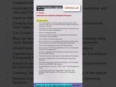 Oracle | Test Automation Engineer |HYD, BLR| Java Selenium Cucumber Azure JIRA SQL #shorts #ytshorts