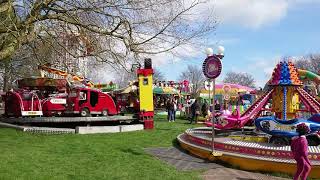 A few of the kids rides, fire engine's, planes and train ride at fun
fair in royal victoria park, bath, somerset, 6 april 2019