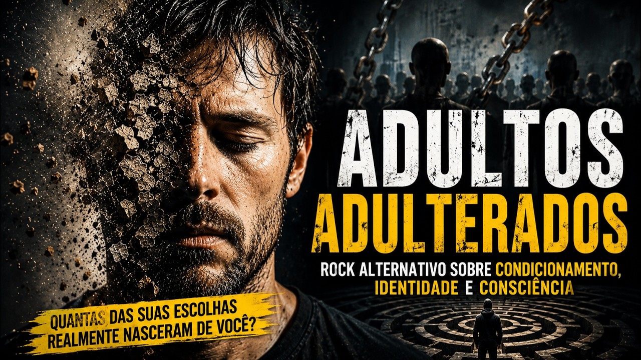 Capa da música "Adultos Adulterados". À esquerda, o rosto de um homem aparece dividido ao meio: uma parte intacta e a outra se desfazendo em partículas escuras, simbolizando a perda da identidade. À direita, silhuetas humanas caminham em direção a uma estrutura em espiral formada por correntes, representando condicionamento e aprisionamento psicológico. O título destaca as palavras "Adultos" em branco e "Adulterados" em amarelo. A arte traz ainda a descrição "Rock alternativo sobre condicionamento, identidade e Consciência" e a pergunta: "Quantas das suas escolhas realmente nasceram de você?". A atmosfera é sombria, dramática e reflexiva, com tons escuros e iluminação contrastante.