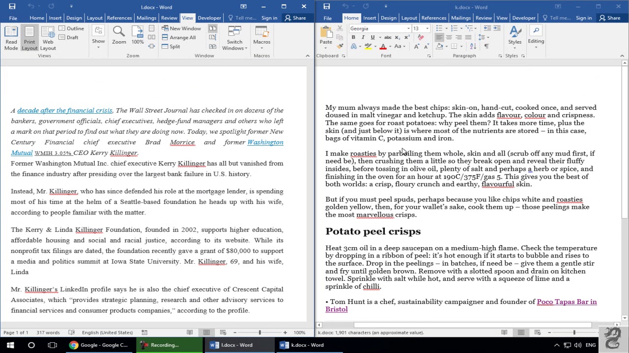 how to have two word documents open side by side