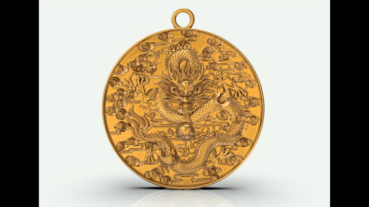 3d model of chinese Imperial Dragon relief pendant double sided in gold