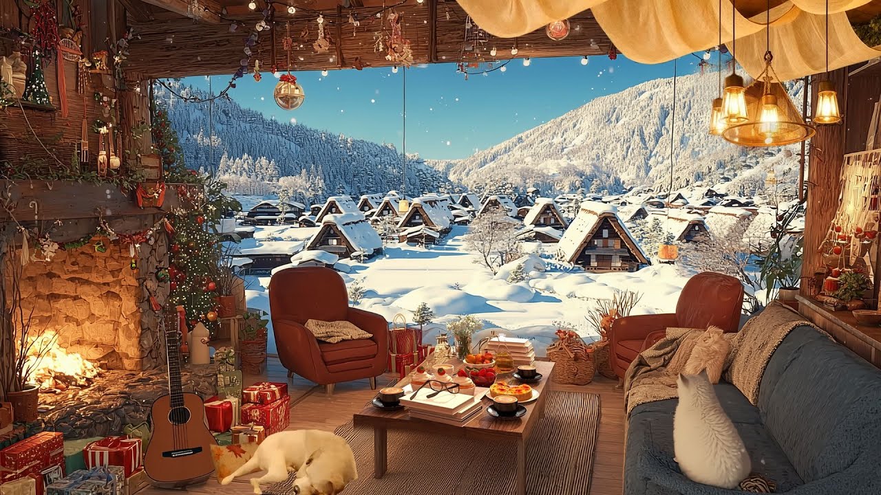 Snowy Mountain Village Cabin ❄️ Warm Fireplace & Soothing Piano Music | Holiday Winter Ambience