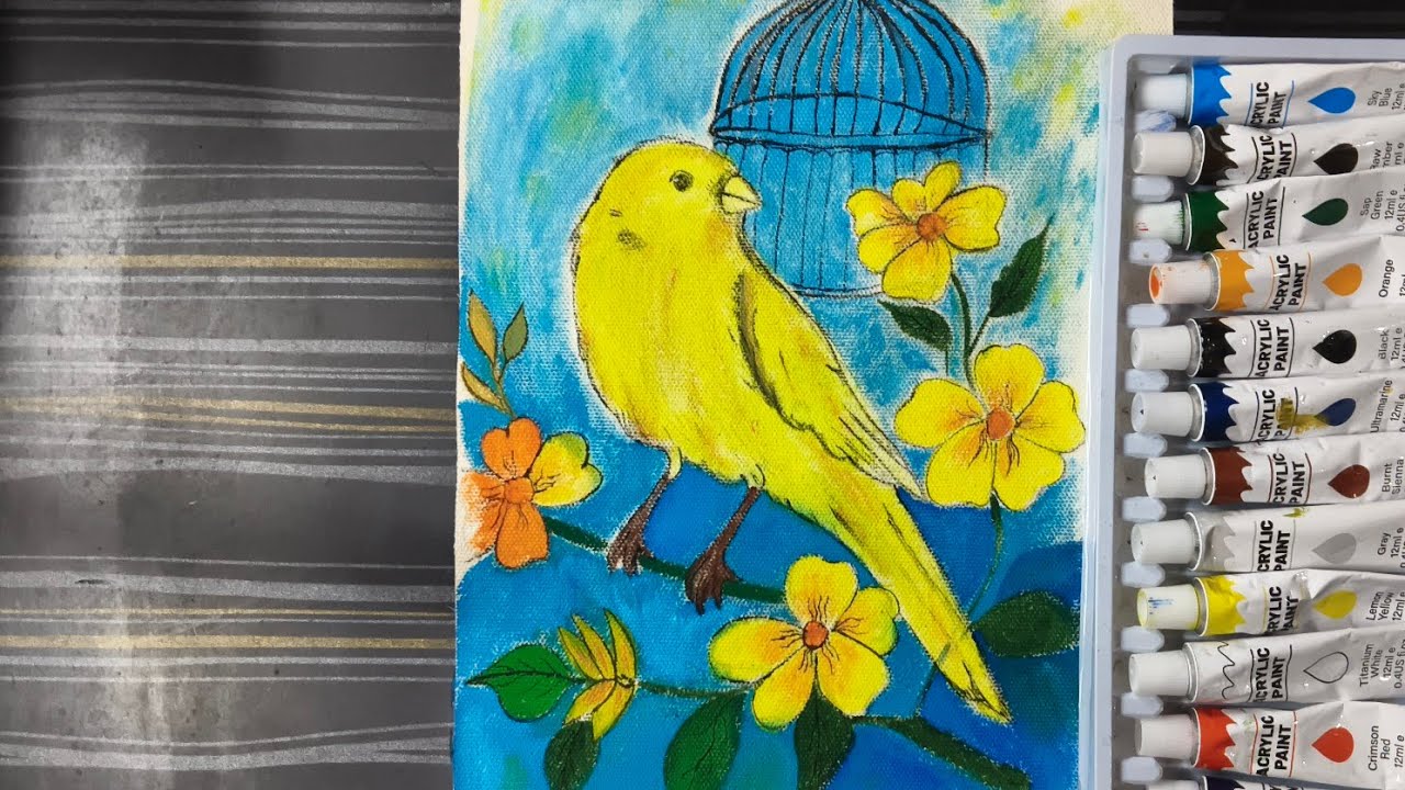 Yellow Bird 🐦And Flower  Colour Painting 🎨🖌️ #colour  Art