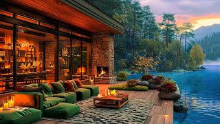 Cozy Spring Lakeside Porch Ambience  Smooth Piano Jazz Background Music & Relaxing Fireplace Sounds