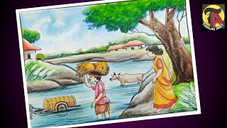 Pastel colour scenery drawing Bengal rhym Amader choto nodi chole banke  banke.// Tarun Art - YouTube