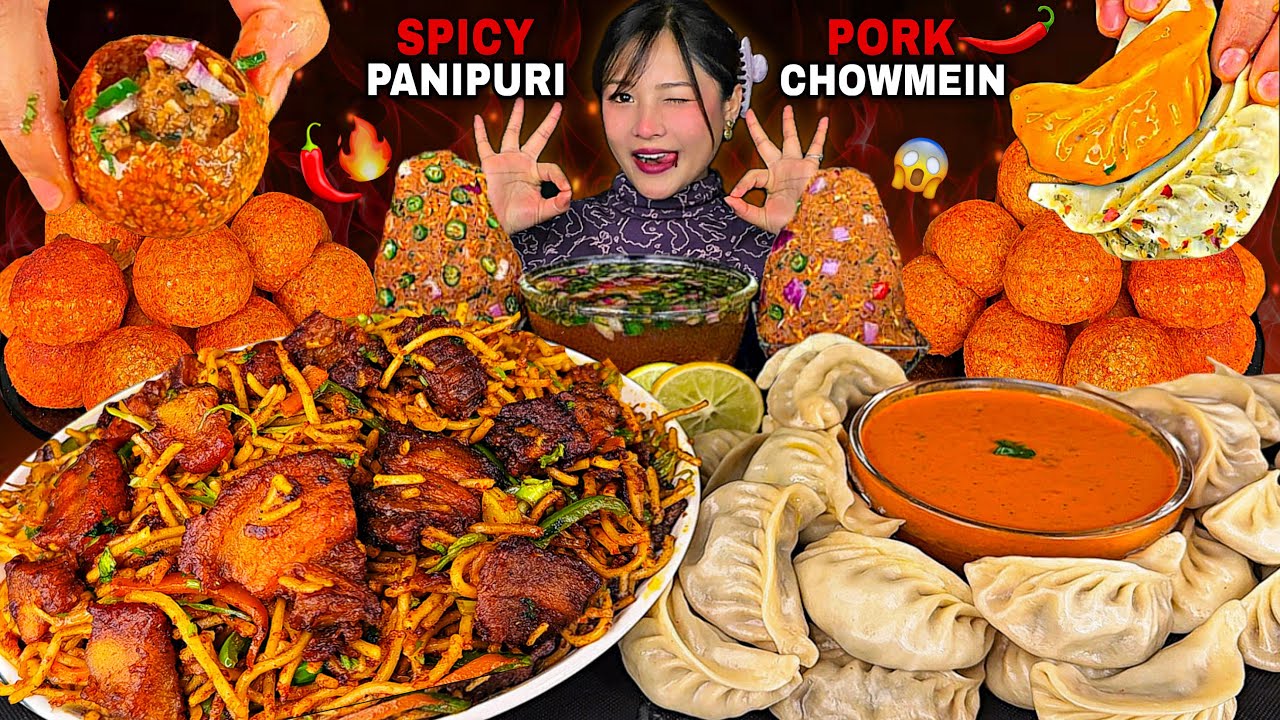 Deadly Spicy Panipuri Challenge🔥😱Fatty Pork Chowmein🌶️With Buffalo Momo🥟| NEPALI MUKBANG |