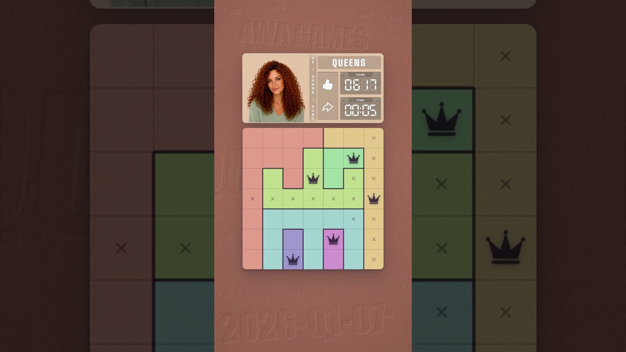 LinkedIn Queens #617 solved board for January 7, 2026, 7x7 grid
