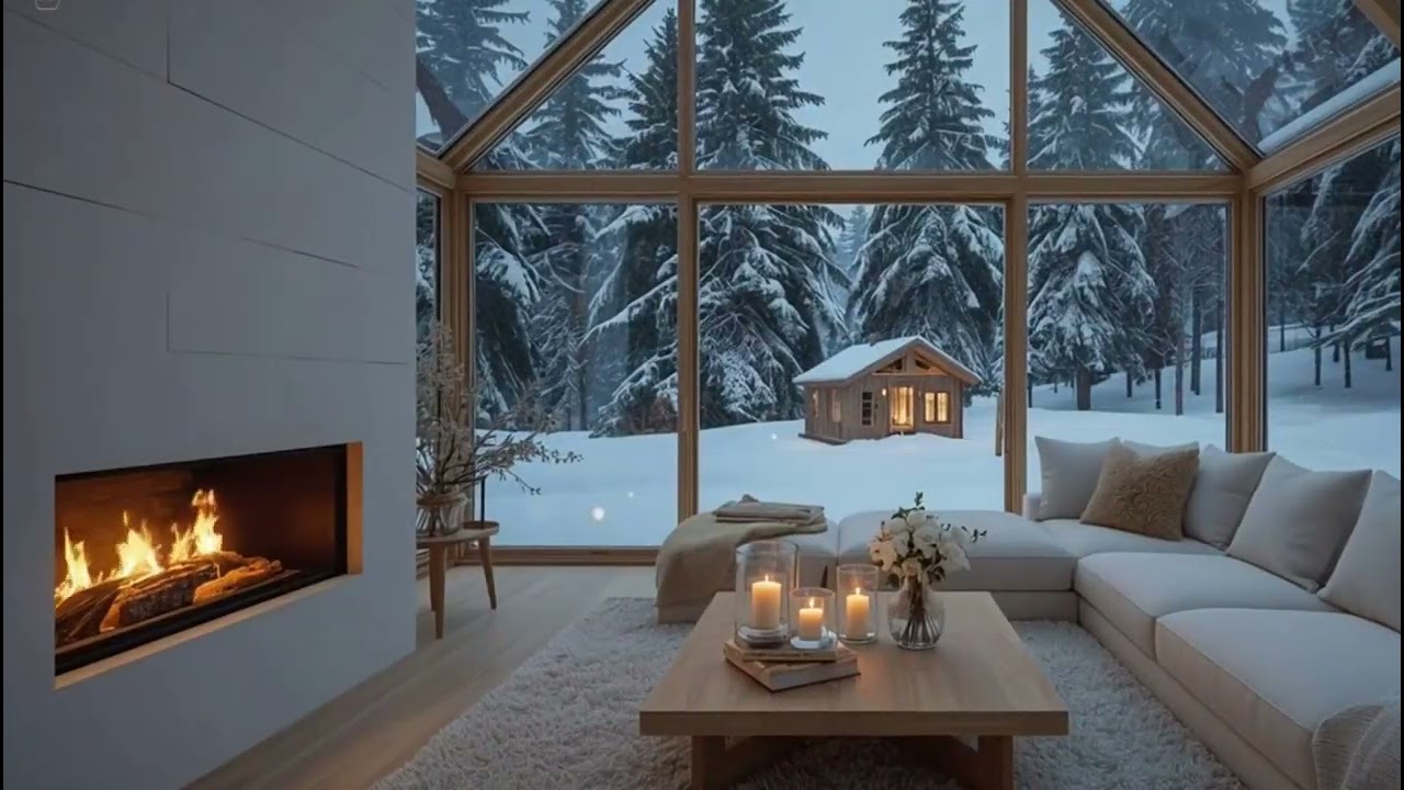 Winter Piano & Snowfall Ambience | Cozy Lounge for Ultimate Stress Relief & Focus