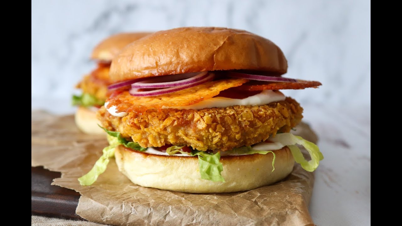 Delicious Crispy Nachos Chicken Burger With Crispy Cheddar Chips By