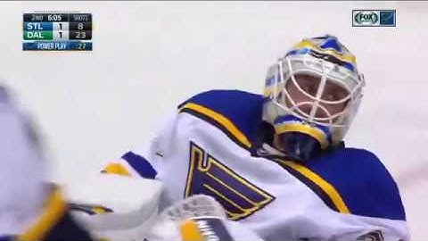 Jake Allen makes a snow angel save on Adam Cracknell 12-20-16 Blues at Stars