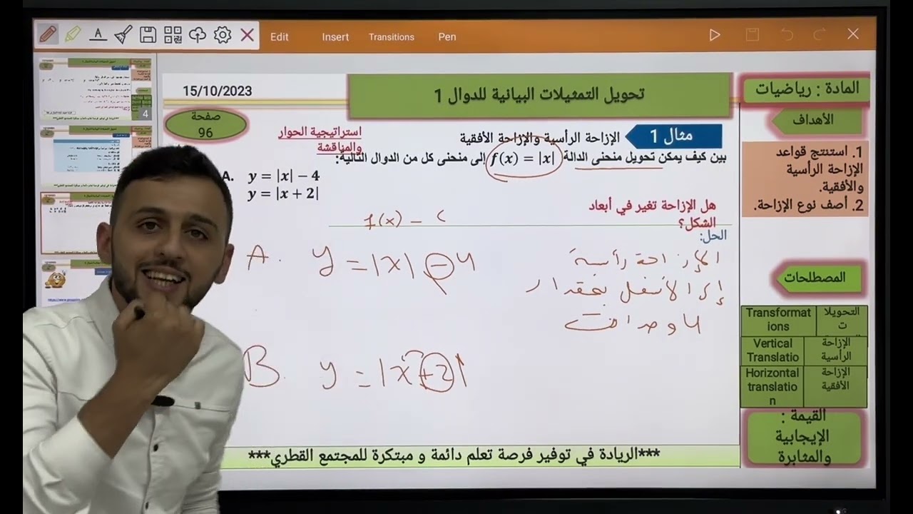 درس تحويل التمثيلات البيانية للدوال الجزء الأول للمستوى الحادي عشر علمي وتكنولوجي منهاج قطر