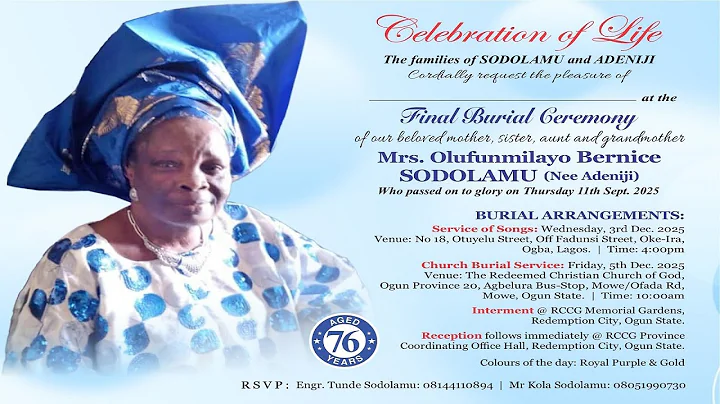 SERVICE OF SONGS FOR MRS. OLUFUNMILAYO BERNICE SODOLAMU (Nee Adeniji)
