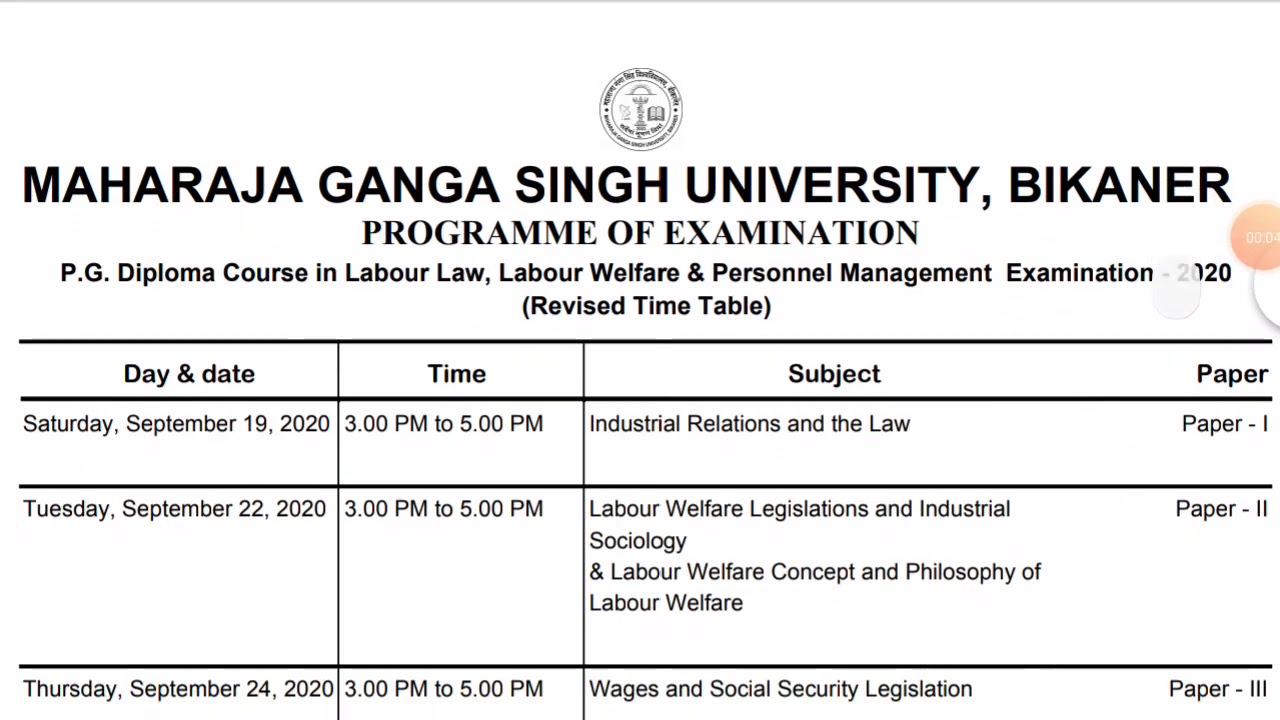 MGSU P.G. Diploma in Labour Law,labour welfare and personnel management  revised time table ||