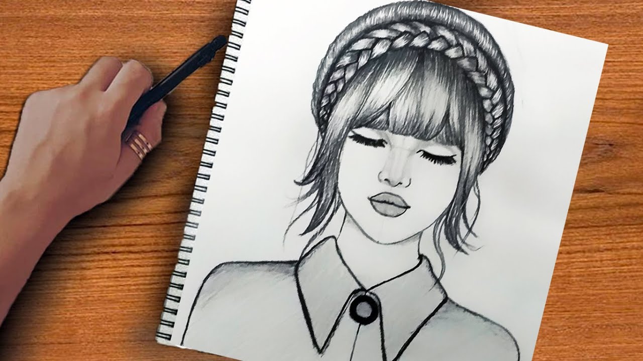 رسم بنت كيوت مع شعر قصير سهل بالرصاص بالمقاسات لجميع المبتدئين  رسم بنات