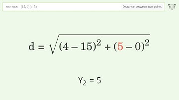Find the distance between two points p1 (15,0) and p2 (4,5): Step-by-Step Video Solution
