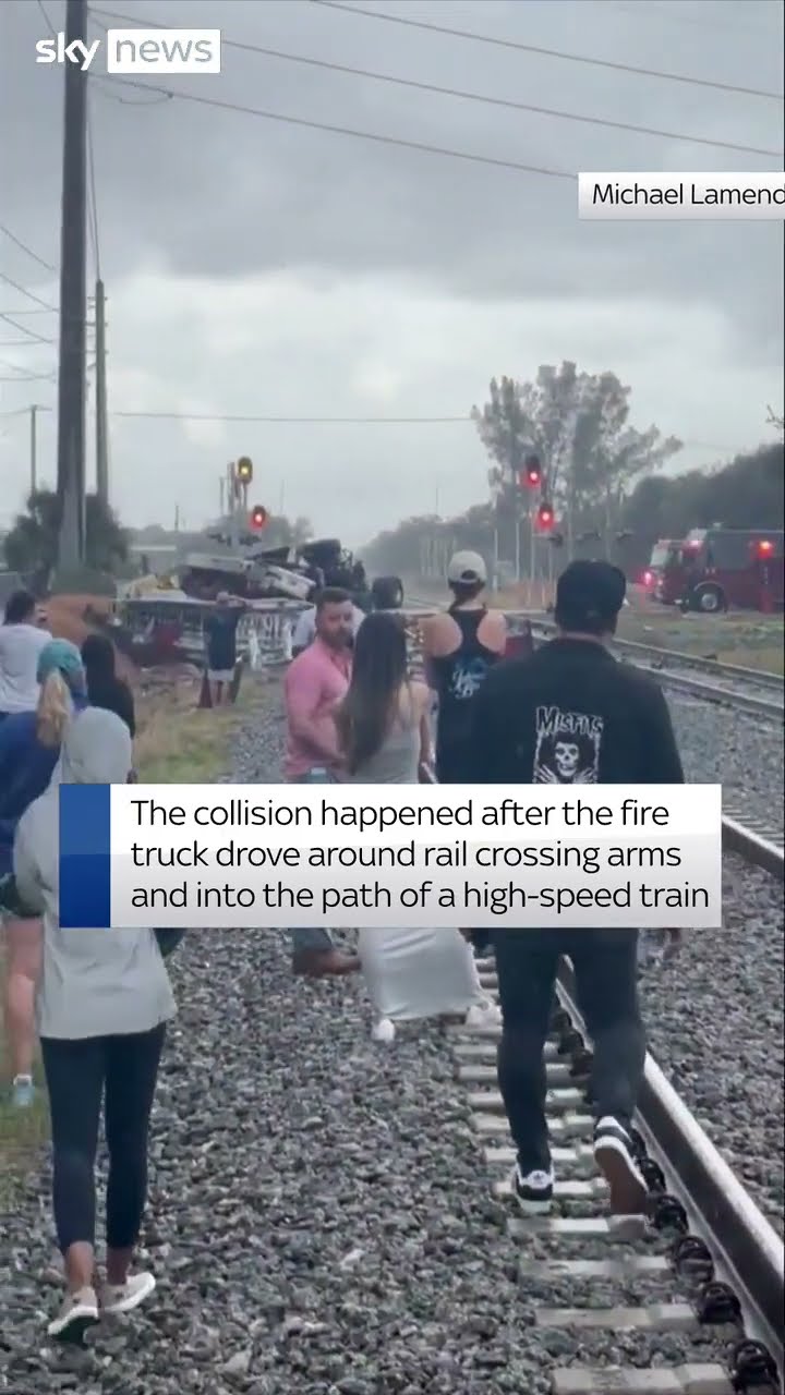 Train smashes into fire truck