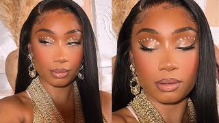 Gold Crystal Soft Glam Makeup Look | Best CLEAR LACE Wig Install | XRSBeauty Hair Co.