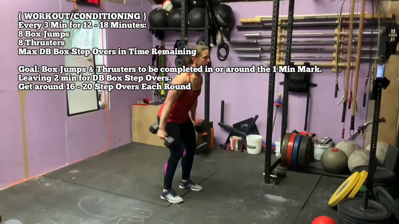 Week 14, Day 5 At Home Workout Box Jumps, Thrusters, DB Box Step Overs