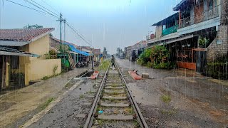 Walking in Heavy Rain Along Railway Tracks in Rural Indonesia | Indonesia Rain