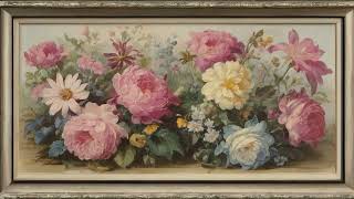 Vintage background oil painting framed art slideshow about flowers. Framed art screensaver.