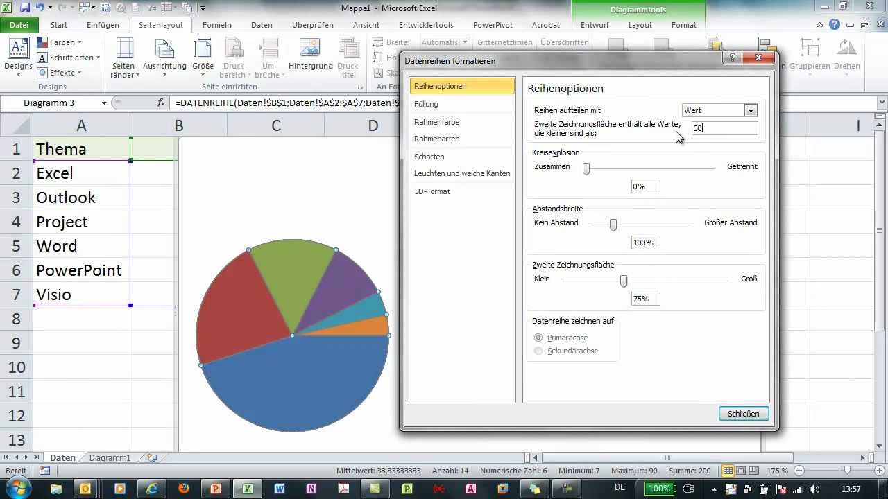 Excel Diagrammtypen Kreis Und Balken Aus Kreis Youtube