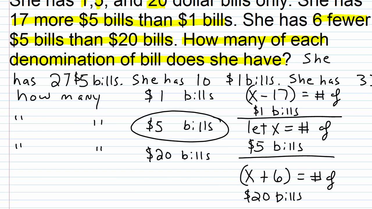 Algebra 1 Help Solving Money Word Problems YouTube