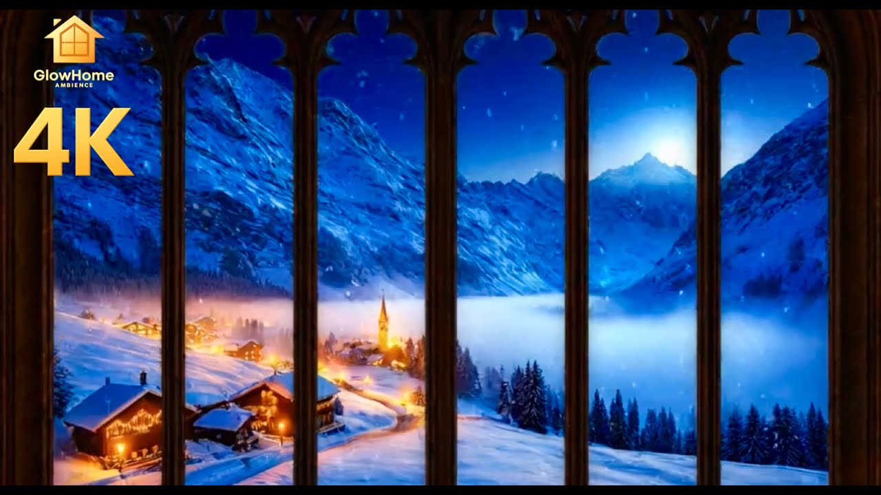 Deep Sleep Instantly: Cozy Winter Village Window ❄️ Blizzard Sounds & 4K Projector Screensaver