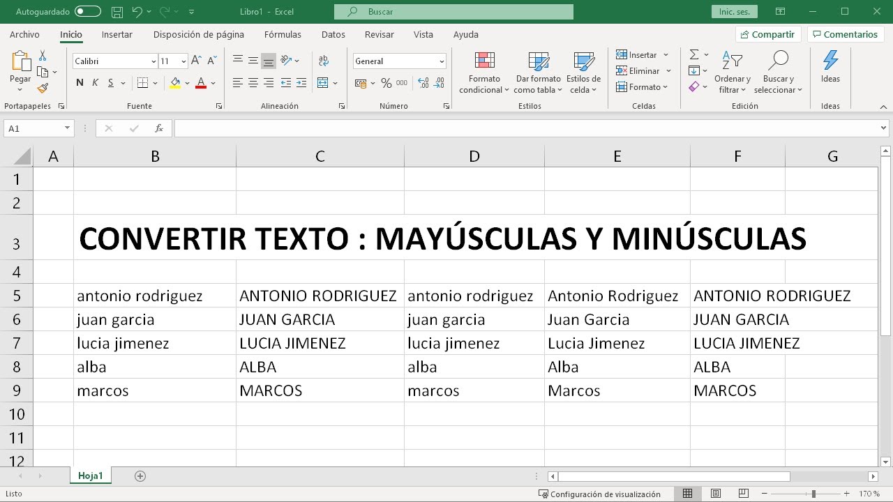 Cambiar texto a Mayúsculas/Minúsculas en Excel