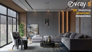 Living room with Gray Color | Interior Design | Vray 5 Sketchup interior  #26