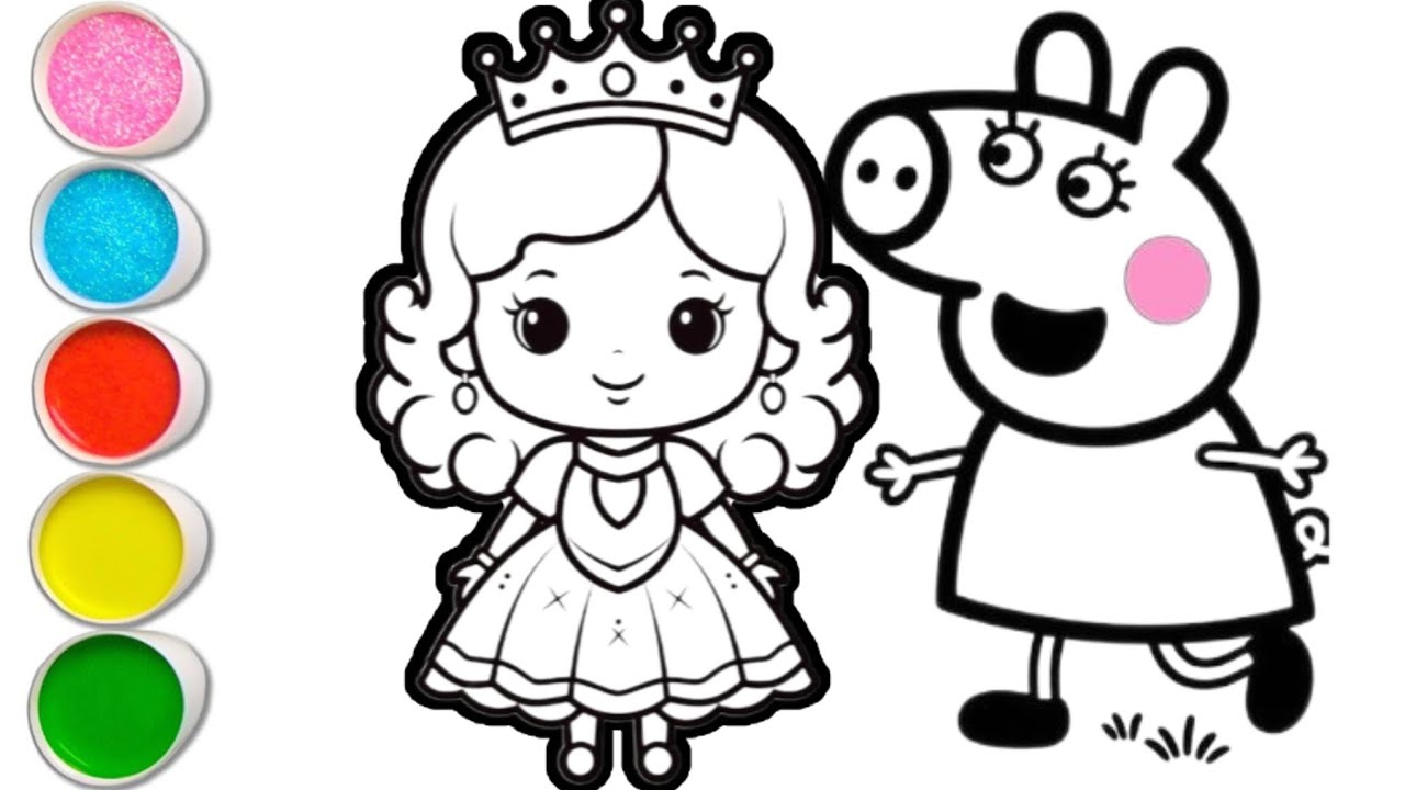 Drawing Princess Papi Peppa pig with princess drawing and colouring for kids and toddlers ...