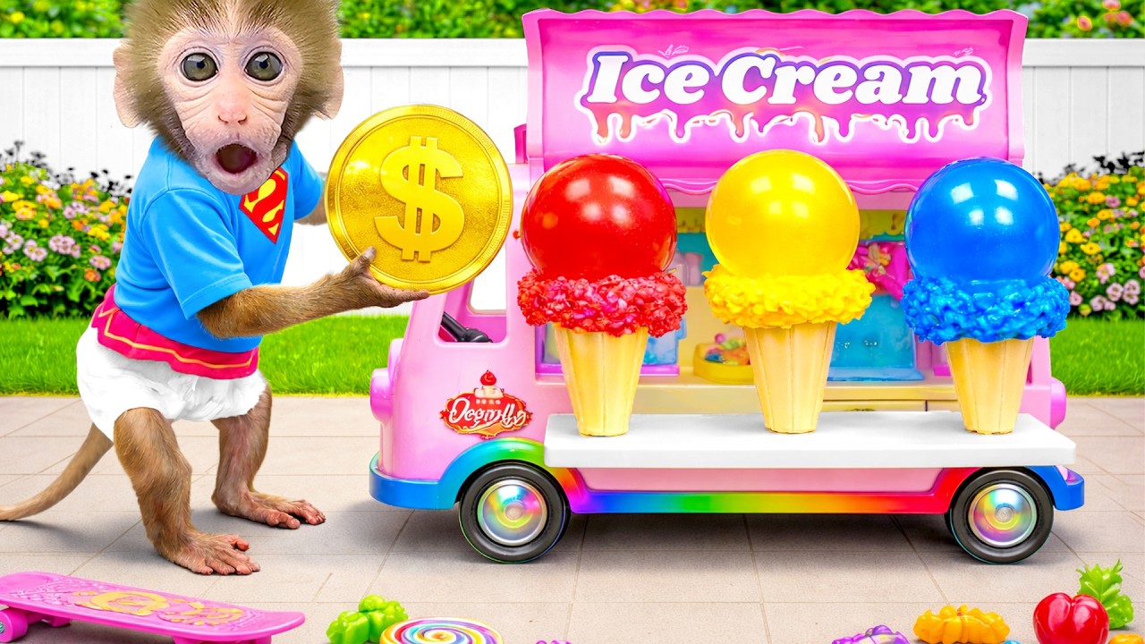 Der süße Affe Bon Bon isst Regenbogen Eis vom Eiswagen auf dem Bauernhof