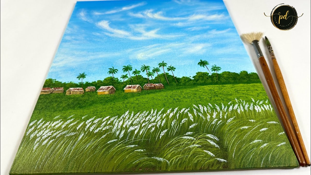 A Filed Of Kashful Kans Grass In Bloom Landscape Acrylic Painting a-filed-of-kashful-kans-grass-in-bloom-landscape-acrylic-painting