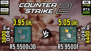 Ryzen 5 5500x3D vs Ryzen 5 9500F in Counter-Strike 2 | CS2 | RTX 5080 [ 1080p vs 1440p vs 4K ]