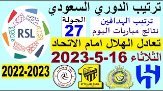 ترتيب الدوري السعودي وترتيب الهدافين اليوم الثلاثاء 16-5-2023 الجولة 27 - تعادل الهلال امام الاتحاد