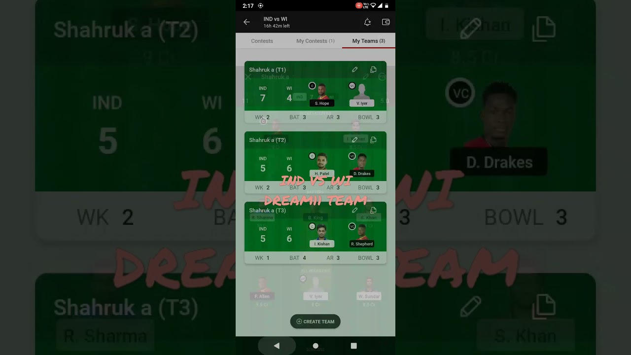 IND VS WI DREAM11 TEAM|