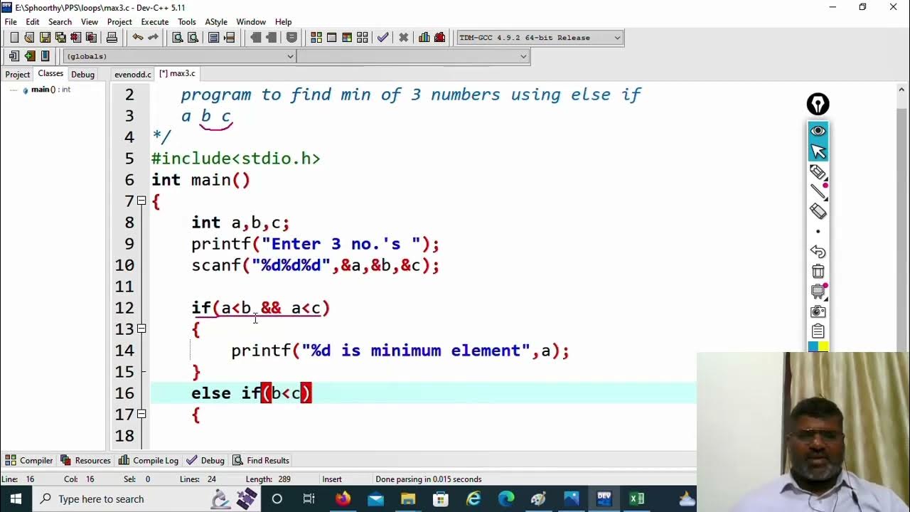 C3.11 Program to find minimum of three numbers | C Language | for ...