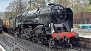 class 9f 92134 departs Gromont on the nymr railway with lots of smoke